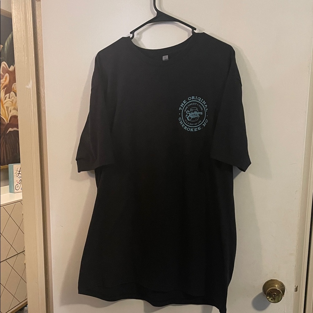 Southern Charm Black Tee with Blue Graphic and sunset graphic on back